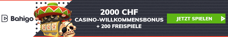 Grafik mit Cartoon Slotfigur im mexikanischen Stil 2000 CHF Casinobonus 200 Freispielen und Bahigo Logo