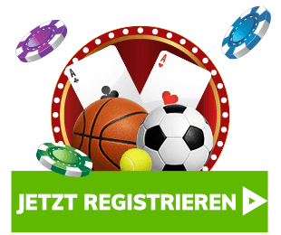 Zwei Spielkarten vor Sportbällen und bunten Casino Chips mit grünem Jetzt registrieren Button