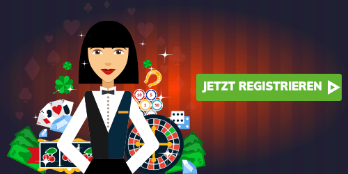 Casino Elemente wie Karten Chips und Würfel neben einer gezeichneten Frau mit Jetzt registrieren Button